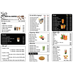 Menu quán cafe in PP có keo, cán bóng, in mực dầu và bồi fomex chắc chắn. Kích thước 29.7x42cm, màu sắc rõ nét, chống nước, bền lâu – phù hợp cho quán cà phê, trà sữa và nhà hàng.